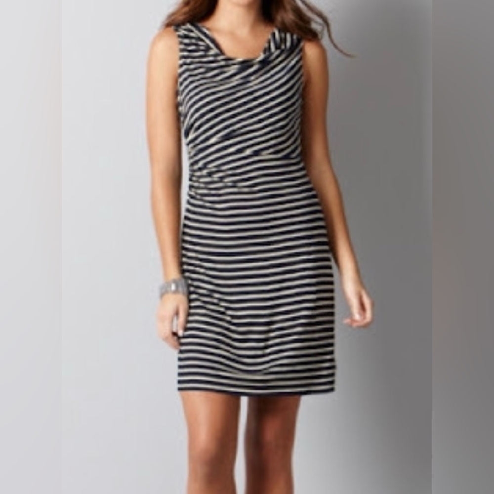 Ann Taylor LOFT black & tan diagonal striped sleeveless ruched dress